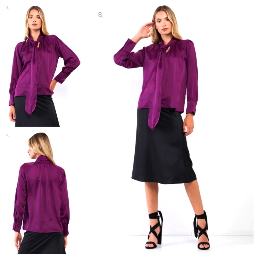 Satin long sleeve tie neck blouse